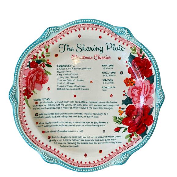 PIONEER WOMAN Cheerful Rose 12" Holiday Cookie Sharing Plate Platter Recipe Teal - Picture 1 of 10
